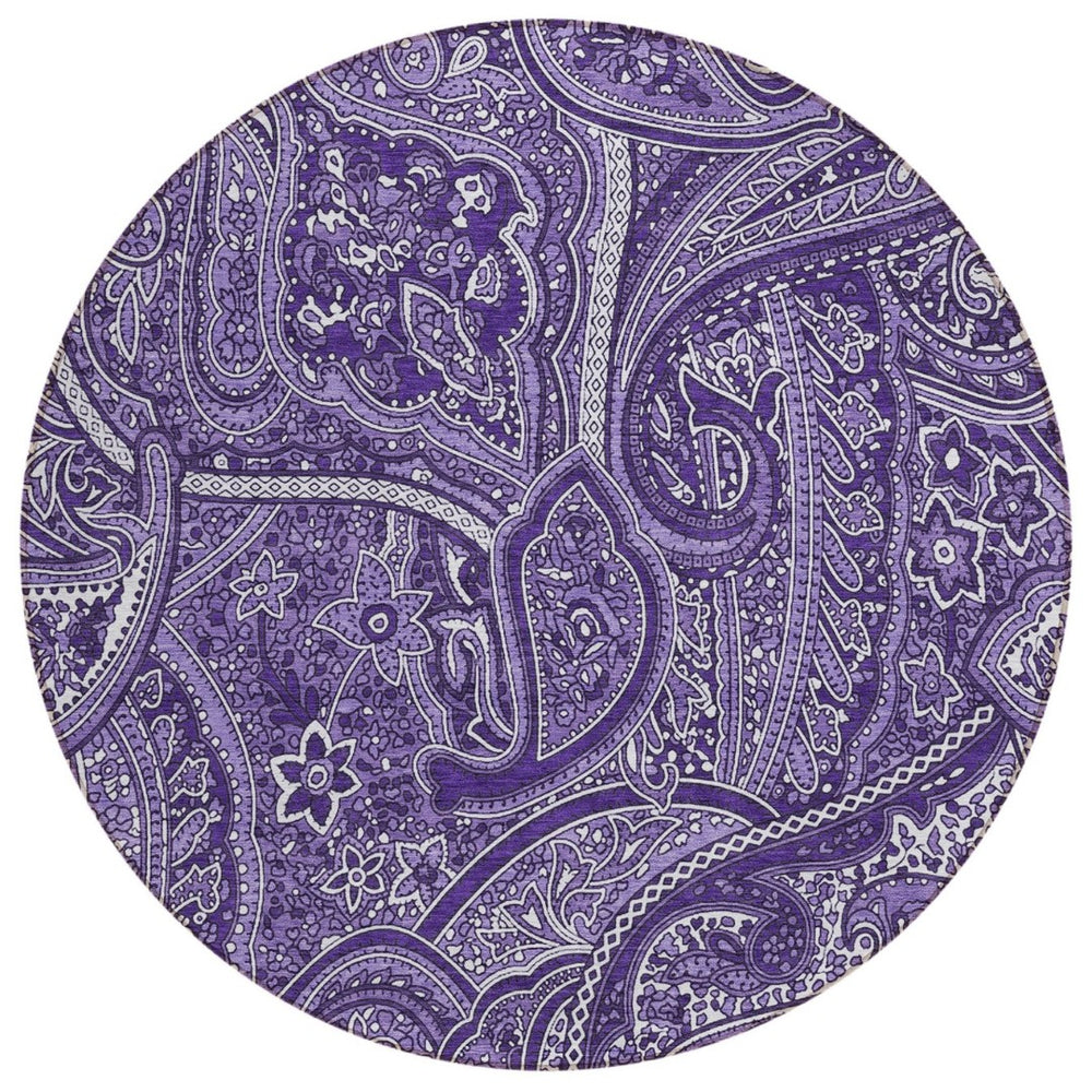 HomeRoots 5' Elegant Purple Lavender & Silver Paisley Area Rug - Durable, Washable for Indoor & Outdoor Use 8' Round 579050