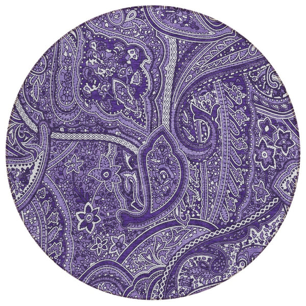 HomeRoots 5' Elegant Purple Lavender & Silver Paisley Area Rug - Durable, Washable for Indoor & Outdoor Use 8' Round 579050