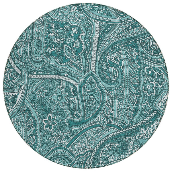 HomeRoots 5' Teal Blue Aqua and Ivory Paisley Area Rug – Stylish, Washable, Indoor-Outdoor Charm for Any Space 8' Round 579056
