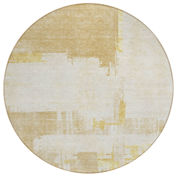 HomeRoots 5' Versatile Beige Gold Tan Abstract Washable Area Rug for Indoor Outdoor High-Traffic Spaces 8' Round 579062