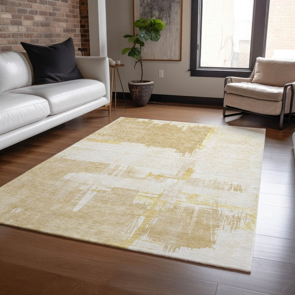 Homeroots 3' Beige Gold And Tan Abstract Washable Area Rug - Versatile Indoor Outdoor Decor For Any Space 8' X 10' Polyester 579063