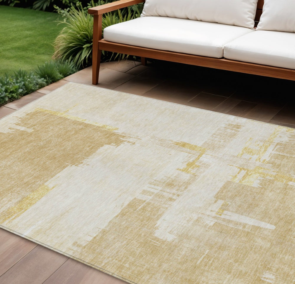 HomeRoots 9' Beige Gold and Tan Abstract Area Rug – Durable, Washable, Stain-Resistant for Indoor and Outdoor Use 9' X 12' 579064
