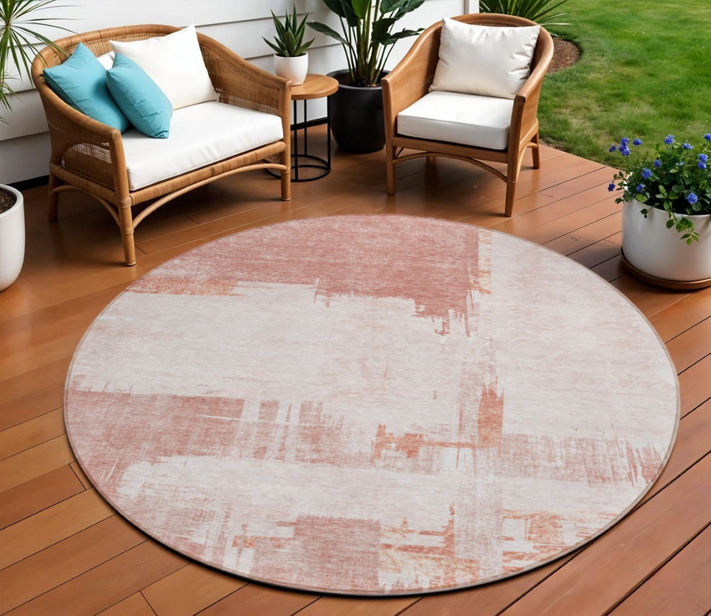 HomeRoots 5' Modern Blush Mauve and Ivory Abstract Area Rug – Stylish, Durable, Washable for Indoor & Outdoor Use 8' Round 579068