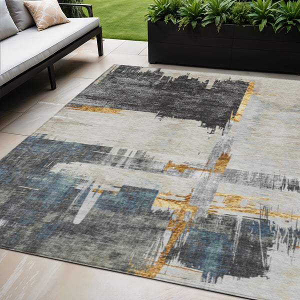 Homeroots 3' Beige Gold And Tan Abstract Washable Area Rug - Versatile Indoor Outdoor Decor For Any Space 5' X 8' Polyester 579073