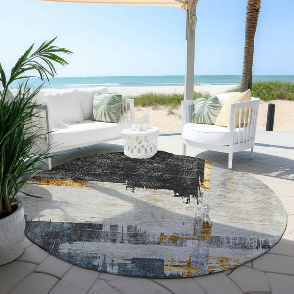 Homeroots 3' Beige Gold And Tan Abstract Washable Area Rug - Versatile Indoor Outdoor Decor For Any Space 8' Round Polyester 579074