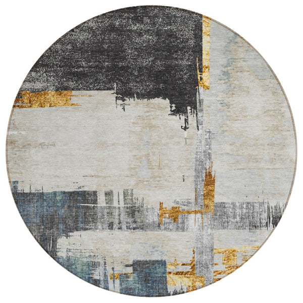 HomeRoots 5' Charcoal Gray and Tan Abstract Area Rug - Stylish, Washable, Durable for Indoor and Outdoor Use 8' Round 579074