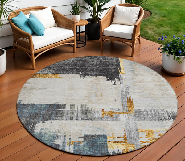 Homeroots 3' Beige Gold And Tan Abstract Washable Area Rug - Versatile Indoor Outdoor Decor For Any Space 8' Round Polyester 579074