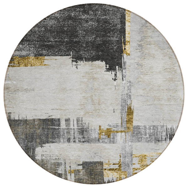 HomeRoots 5' Modern Gray and Tan Abstract Washable Area Rug for Indoor and Outdoor High-Traffic Spaces 8' Round 579080
