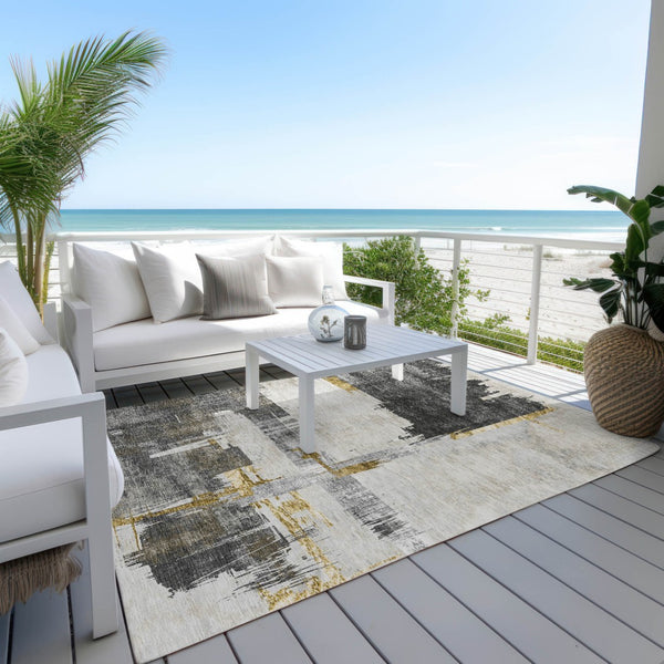 Homeroots 3' Beige Gold And Tan Abstract Washable Area Rug - Versatile Indoor Outdoor Decor For Any Space 8' X 10' Polyester 579081