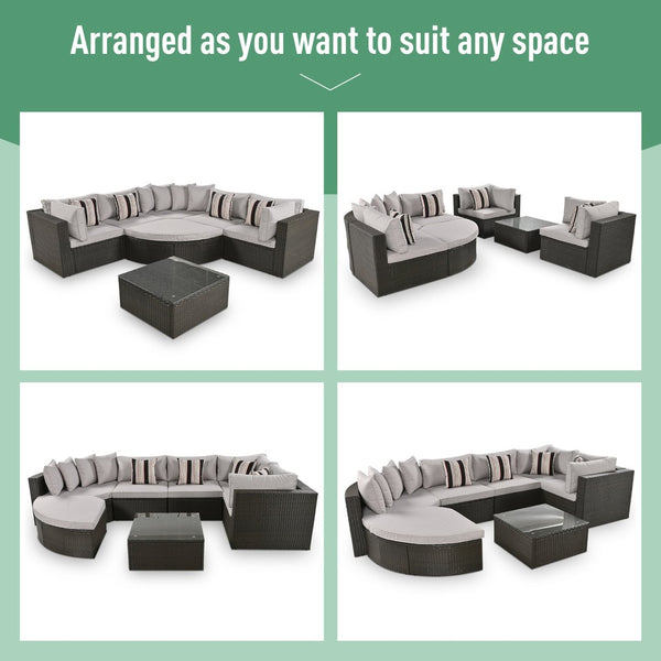 English Elm Go 7 Piece Outdoor Pe Wicker Sectional Set with Steel Frame and Striped Accent Pillows Brown FG201212AAA