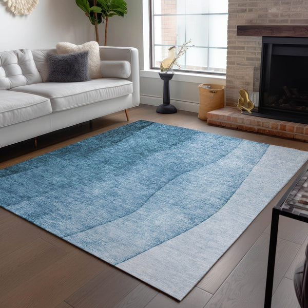 Homeroots 3' Denim Blue And Navy Ombre Washable Area Rug – Perfect For Indoor And Outdoor Living Spaces! 10' X 14' Polyester 579101
