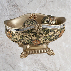 English Elm 8.25 Inch Polyresin Pedestal Fruit Bowl with Chrysanthemum Floral Motif and Spheres B072116017