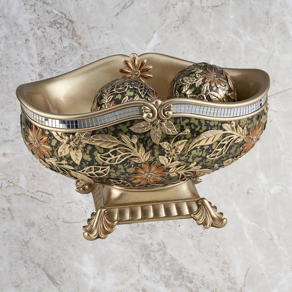 English Elm 8.25 Inch Polyresin Pedestal Fruit Bowl with Chrysanthemum Floral Motif and Spheres B072116017