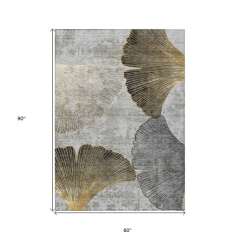 Homeroots 3' Elegant Gray Charcoal And Silver Floral Washable Area Rug For Indoor And Outdoor Spaces 5' X 8' Polyester 579151