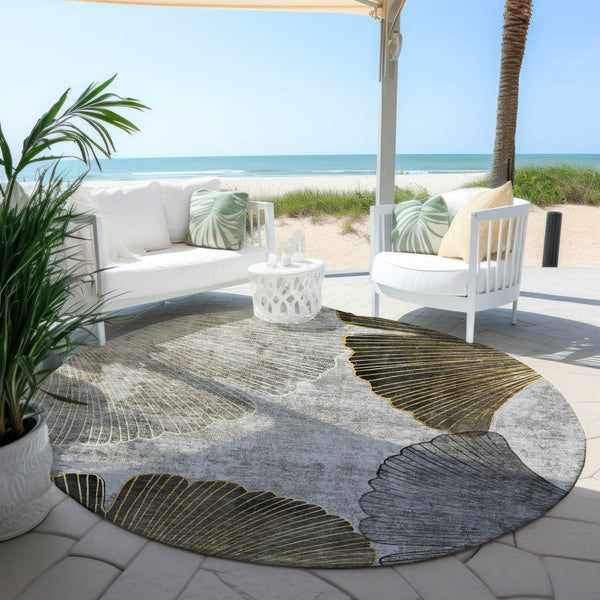 Homeroots 3' Elegant Gray Charcoal And Silver Floral Washable Area Rug For Indoor And Outdoor Spaces 8' Round Polyester 579152