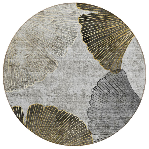 HomeRoots 5' Timeless Gray Charcoal and Silver Floral Area Rug – Washable, Durable, Ideal for Indoor & Outdoor Use 8' Round 579152