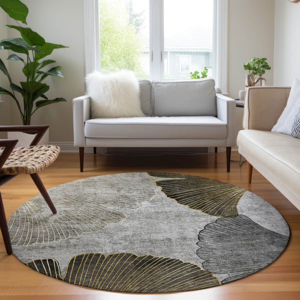 Homeroots 3' Elegant Gray Charcoal And Silver Floral Washable Area Rug For Indoor And Outdoor Spaces 8' Round Polyester 579152