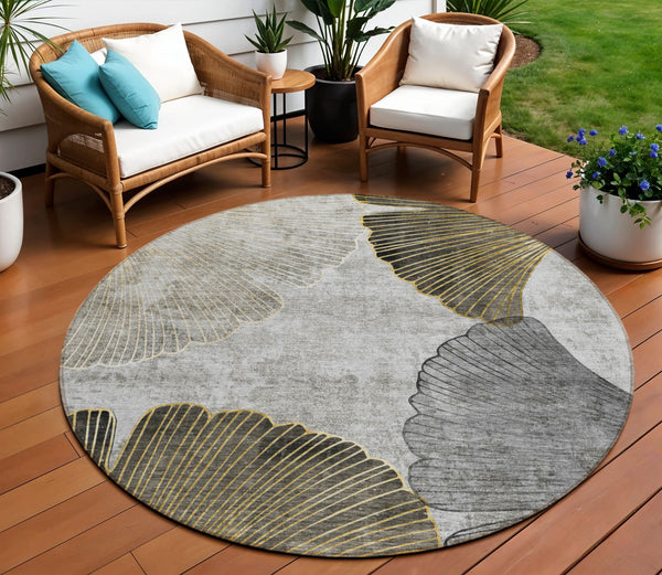 Homeroots 3' Elegant Gray Charcoal And Silver Floral Washable Area Rug For Indoor And Outdoor Spaces 8' Round Polyester 579152