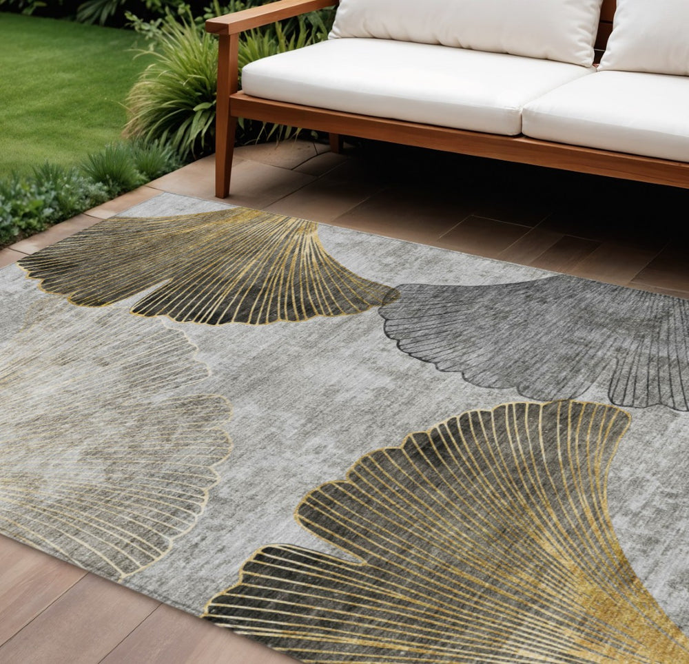HomeRoots 9' Gray Charcoal and Silver Floral Washable Area Rug for Indoor and Outdoor Elegance and Durability 9' X 12' 579154