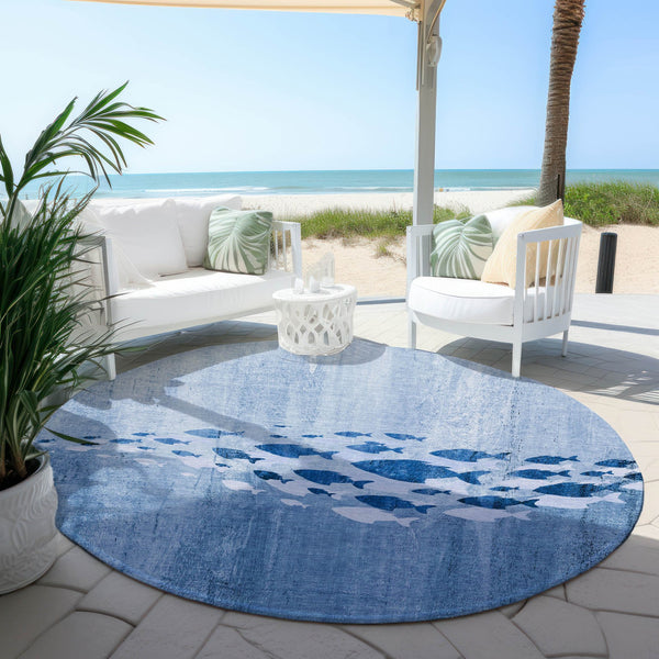 Homeroots 3' Sky Blue Nautical Area Rug - Stylish Washable Indoor/Outdoor Design For Home & Patio Decor 8' Round Polyester 579158