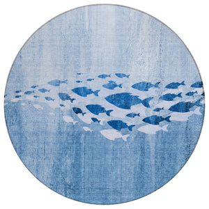 HomeRoots 5' Nautical Sky Blue & Navy Area Rug - Durable, Washable Indoor/Outdoor Design for Coastal Charm 8' Round 579158