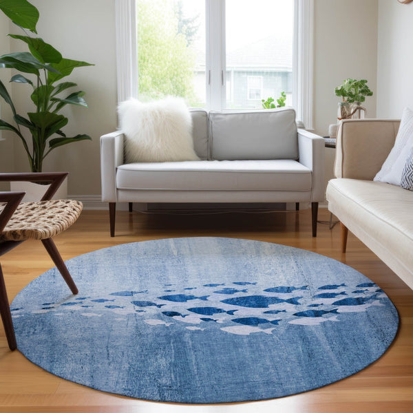 Homeroots 3' Sky Blue Nautical Area Rug - Stylish Washable Indoor/Outdoor Design For Home & Patio Decor 8' Round Polyester 579158