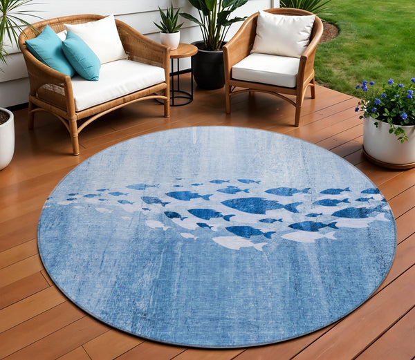 Homeroots 3' Sky Blue Nautical Area Rug - Stylish Washable Indoor/Outdoor Design For Home & Patio Decor 8' Round Polyester 579158