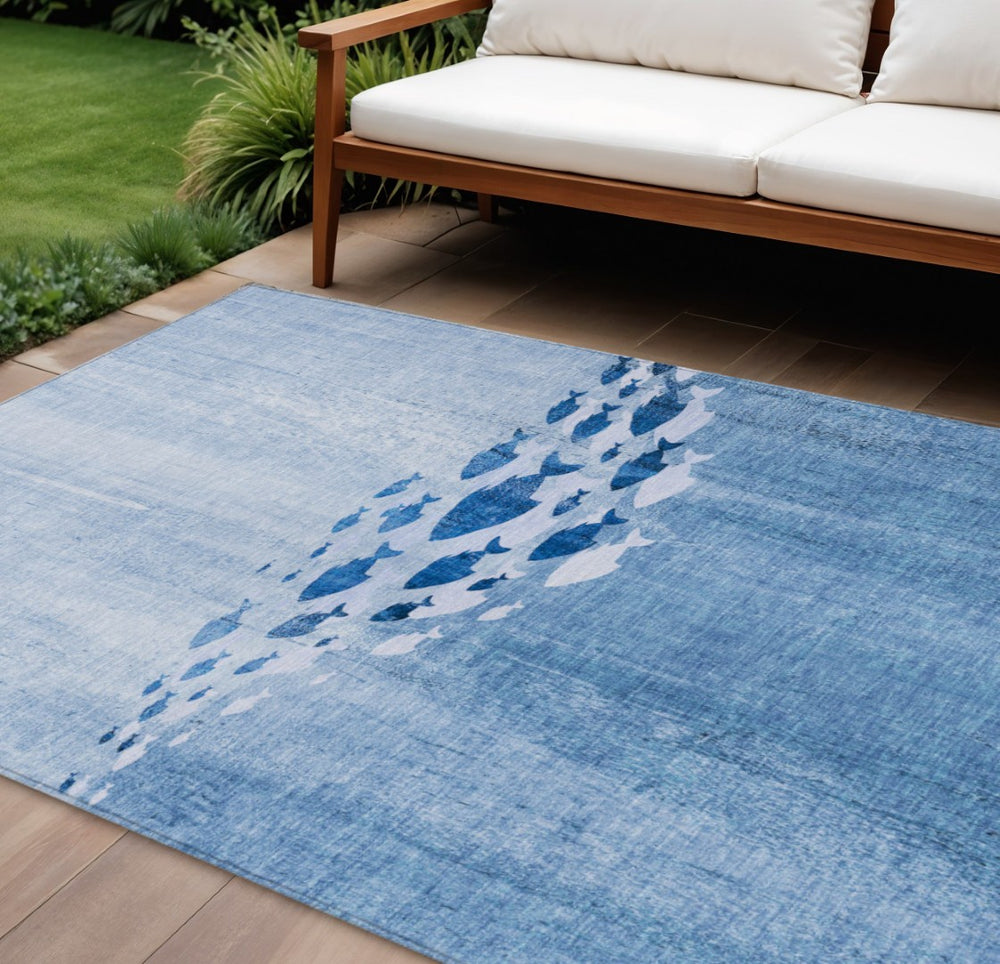 HomeRoots 5' Nautical Sky Blue & Navy Area Rug - Durable, Washable Indoor/Outdoor Design for Coastal Charm 10' X 14' 579161