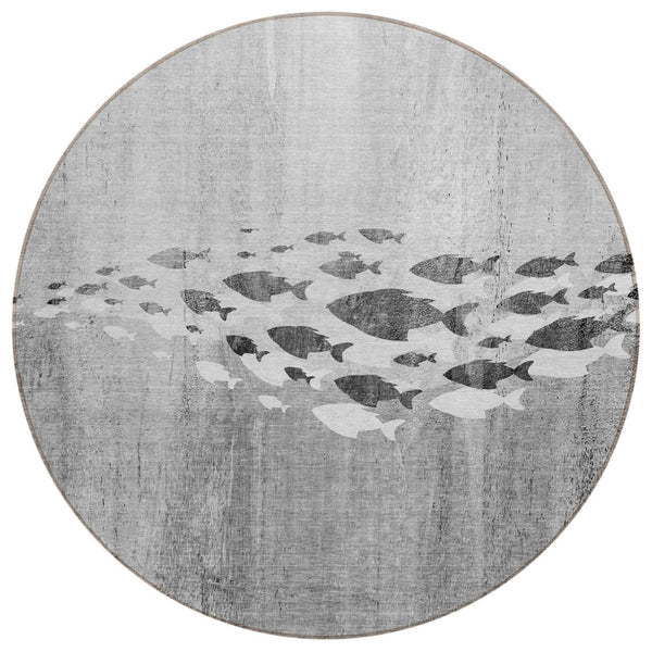 HomeRoots 5' Nautical Indoor Outdoor Area Rug – Stylish Gray, Silver & Charcoal Design for Easy Care & Durability 8' Round 579170