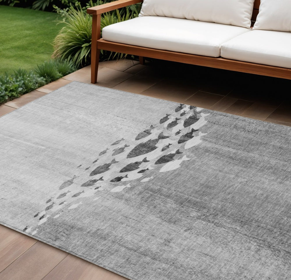 HomeRoots 9' Nautical-Inspired Indoor Outdoor Area Rug in Gray, Silver & Charcoal - Durable & Washable Design 9' X 12' 579172