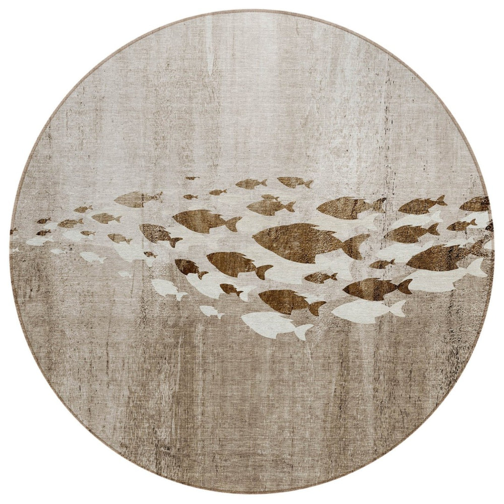HomeRoots 5' Taupe Brown and Khaki Nautical Area Rug - Durable Indoor/Outdoor Design for Coastal Living Spaces 8' Round 579176