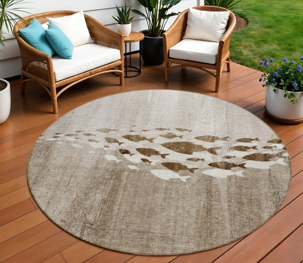 HomeRoots 5' Taupe Brown and Khaki Nautical Area Rug - Durable Indoor/Outdoor Design for Coastal Living Spaces 8' Round 579176