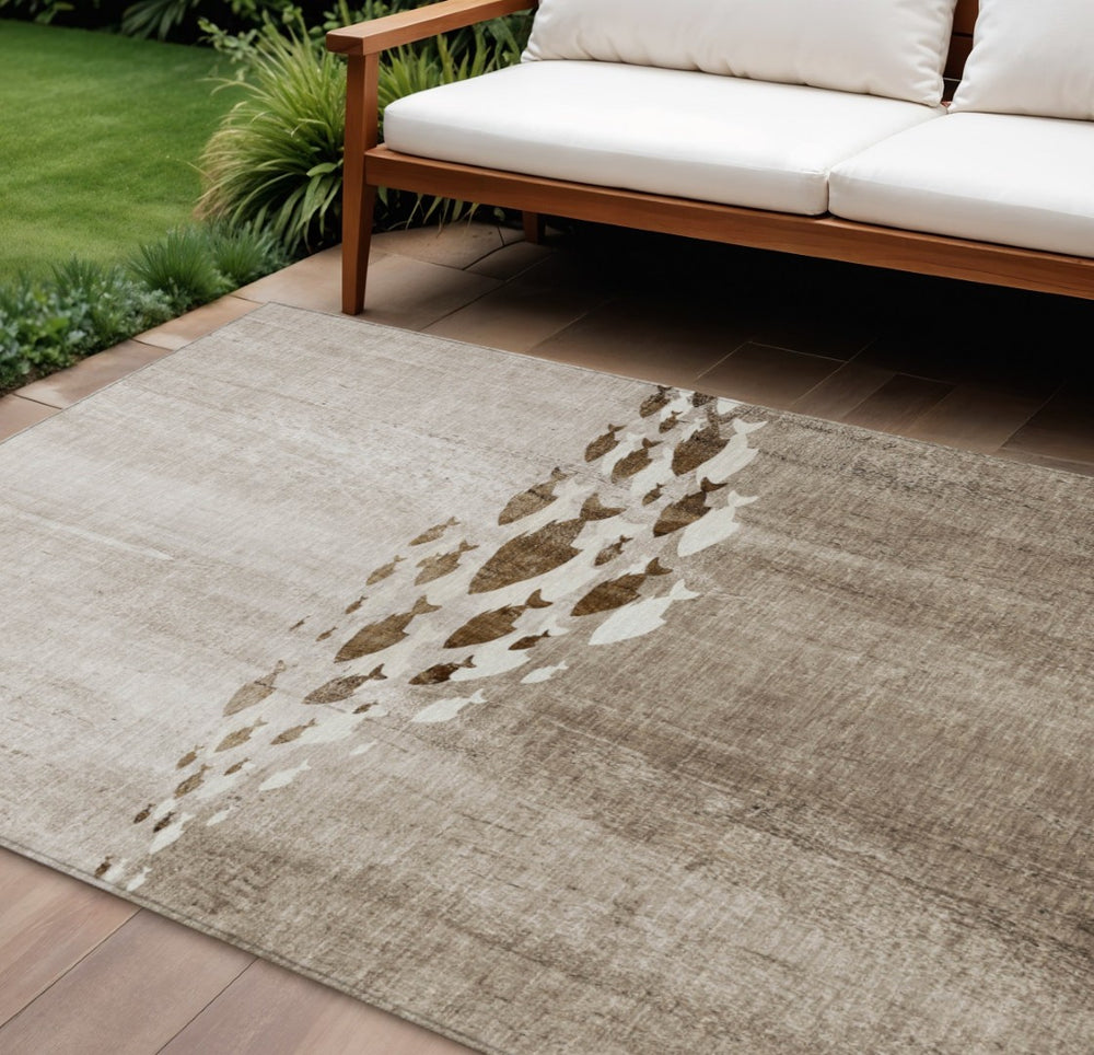HomeRoots 9' Nautical Indoor Outdoor Area Rug in Taupe Brown and Khaki – Durable, Washable, Stylish Design 9' X 12' 579178