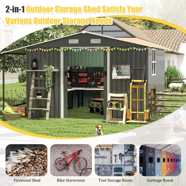 English Elm 10x12 Ft Galvanized Steel Outdoor Shed Dual Zone Lockable Sliding Doors Backyard Storage Dark Gray W1598S00034