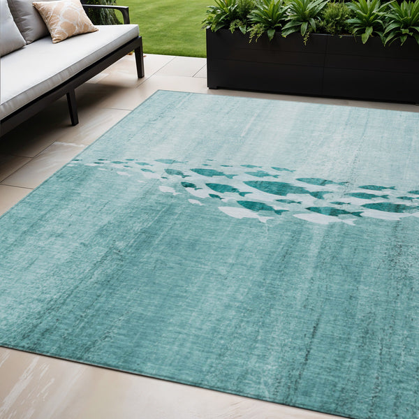 Homeroots 3' Sky Blue Nautical Area Rug - Stylish Washable Indoor/Outdoor Design For Home & Patio Decor 5' X 8' Polyester 579181