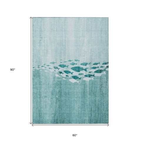 Homeroots 3' Sky Blue Nautical Area Rug - Stylish Washable Indoor/Outdoor Design For Home & Patio Decor 5' X 8' Polyester 579181