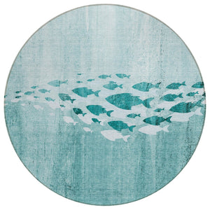 HomeRoots 5' Nautical Indoor Outdoor Area Rug in Teal Blue Aqua & Ivory - Easy-Care, Stain-Resistant Design 8' Round 579182