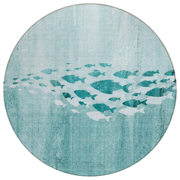 HomeRoots 5' Nautical Indoor Outdoor Area Rug in Teal Blue Aqua & Ivory - Easy-Care, Stain-Resistant Design 8' Round 579182
