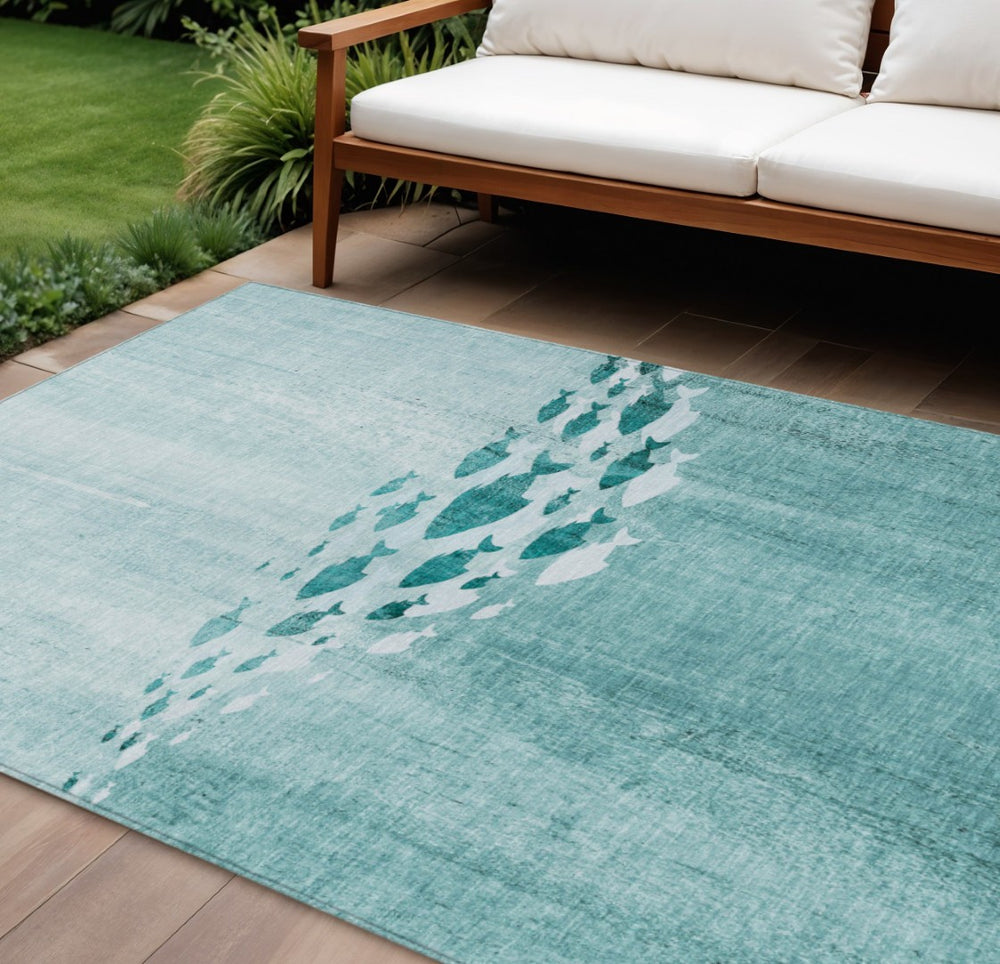 HomeRoots 5' Nautical Indoor Outdoor Area Rug in Teal Blue Aqua & Ivory - Easy-Care, Stain-Resistant Design 10' X 14' 579185
