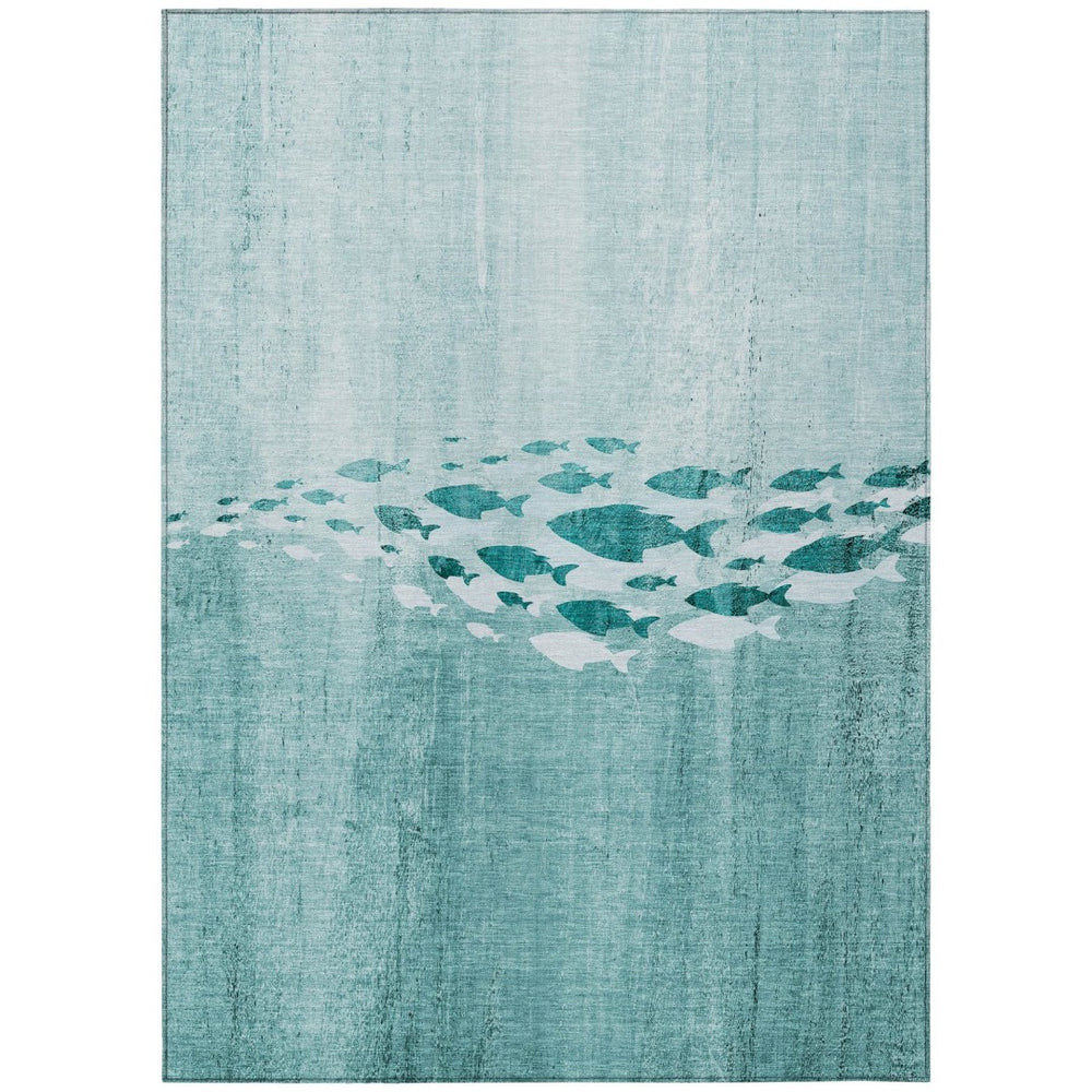 HomeRoots 5' Nautical Indoor Outdoor Area Rug in Teal Blue Aqua & Ivory - Easy-Care, Stain-Resistant Design 10' X 14' 579185