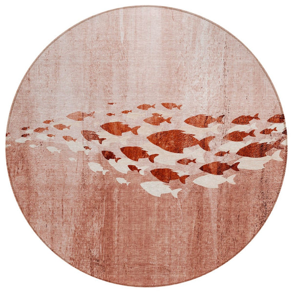 HomeRoots 5' Nautical Washable Indoor Outdoor Area Rug in Terra Cotta, Copper, and Ivory for Coastal Charm 8' Round 579188