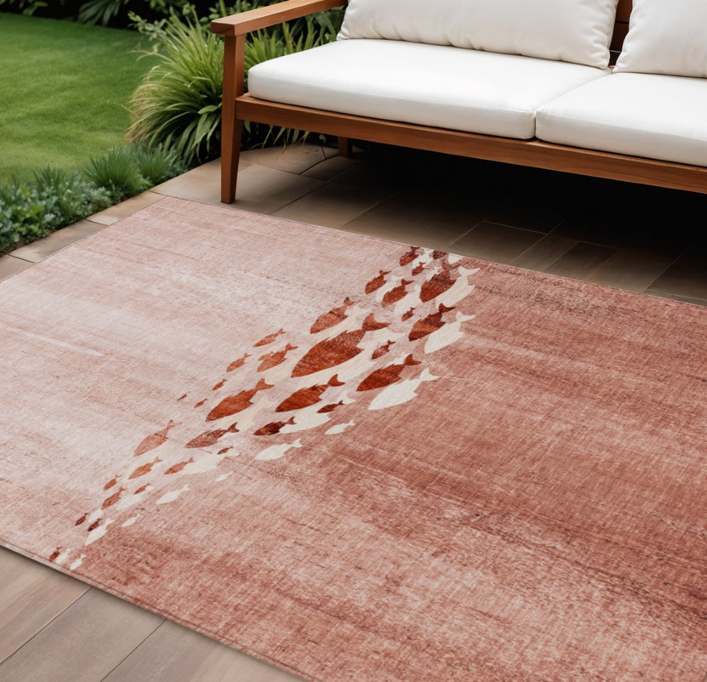 HomeRoots 9' Nautical Indoor Outdoor Area Rug in Terra Cotta, Copper & Ivory – Washable, Stain-Resistant Design 9' X 12' 579190