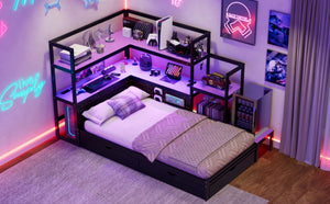 English Elm Twin Gaming Daybed with Led Strips Desk Pegboard Bookcase and Three Storage Drawers Purple+Black N820S00083I
