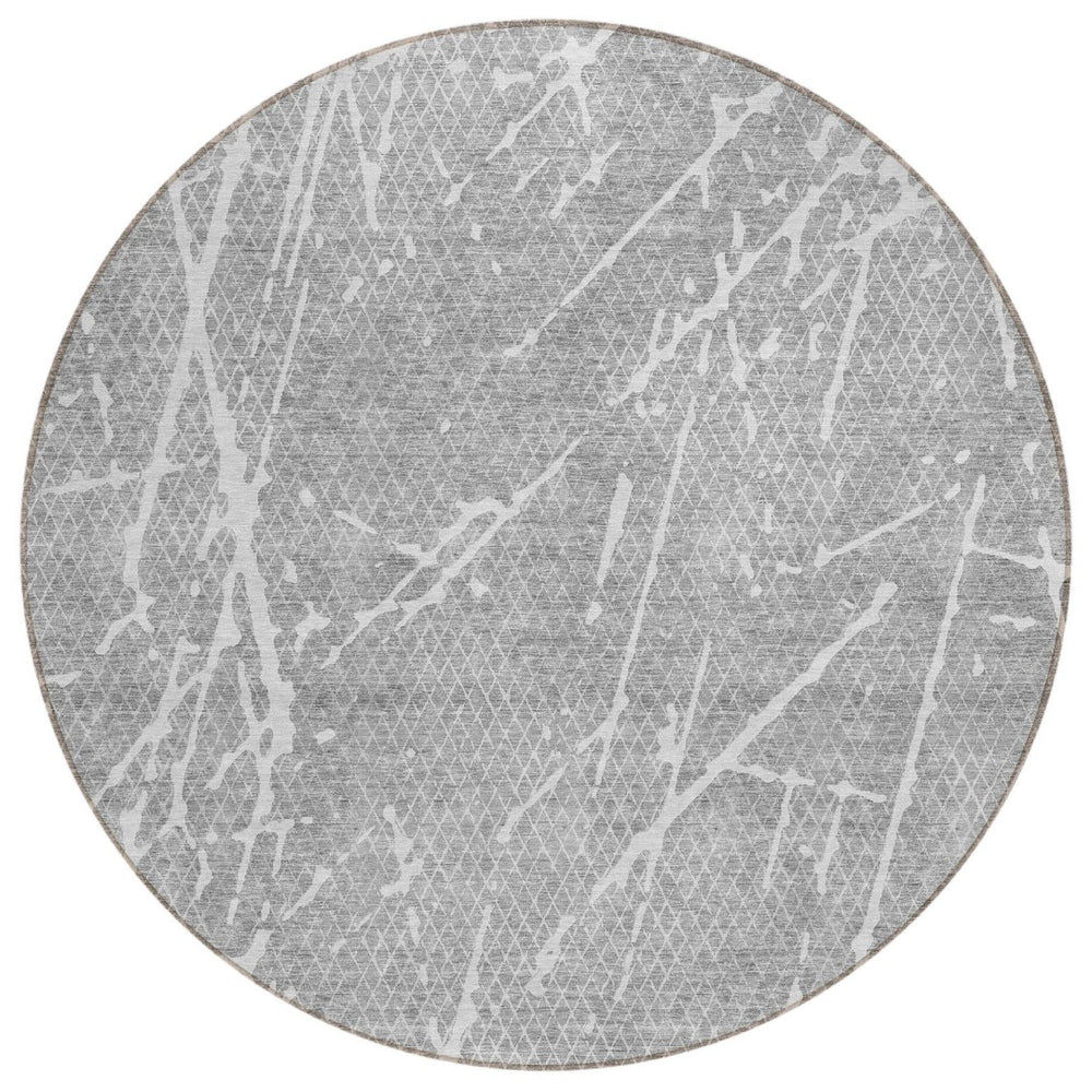 HomeRoots 5' Abstract Gray Ivory Silver Area Rug - Stylish, Washable, Durable for Indoor & Outdoor Spaces 8' Round 579224