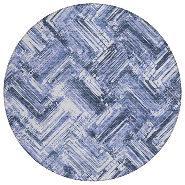 HomeRoots 5' Navy and Sky Blue Geometric Indoor Outdoor Area Rug - Durable, Washable, and Stain-Resistant Design 8' Round 579266