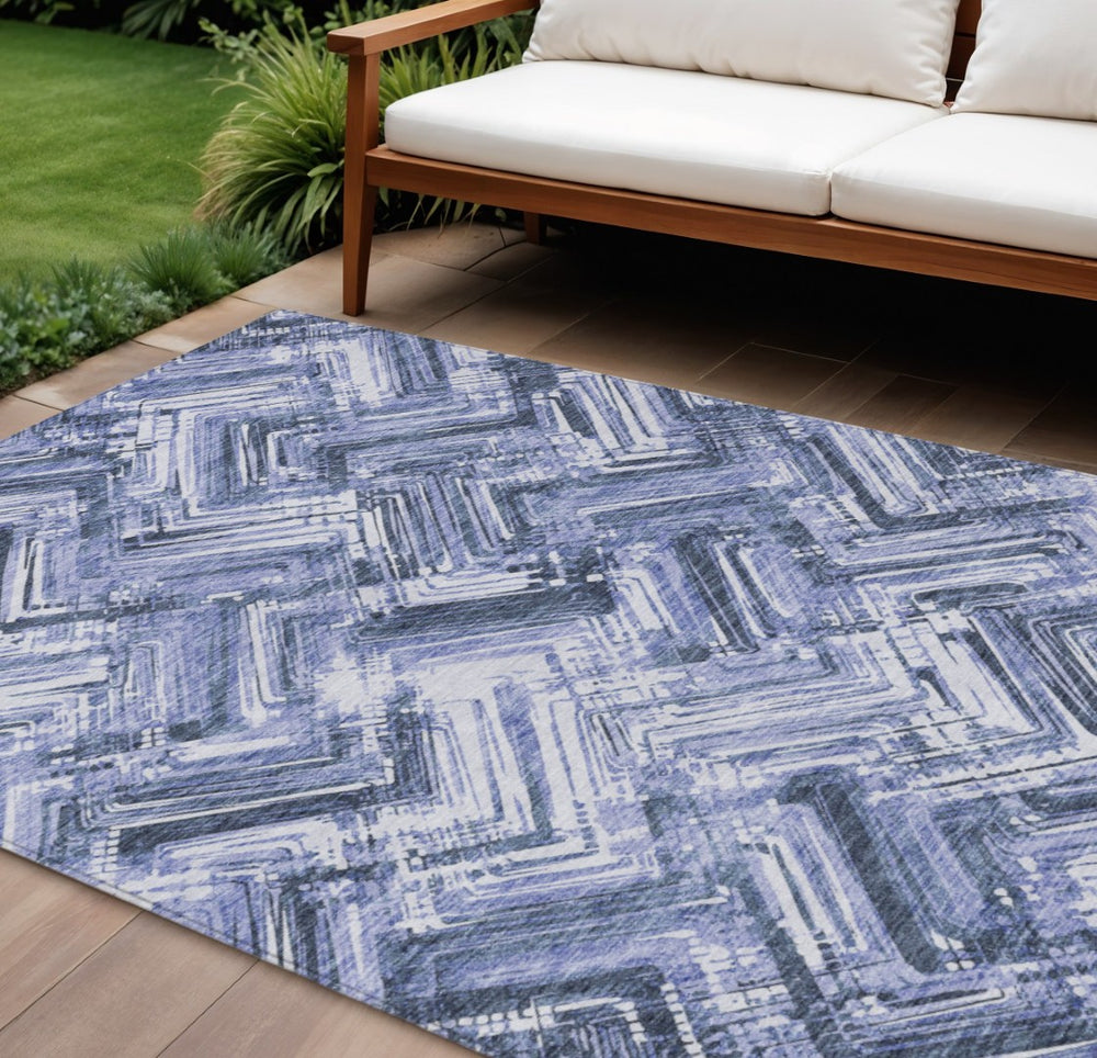 HomeRoots 5' Navy and Sky Blue Geometric Indoor Outdoor Area Rug - Durable, Washable, and Stain-Resistant Design 10' X 14' 579269