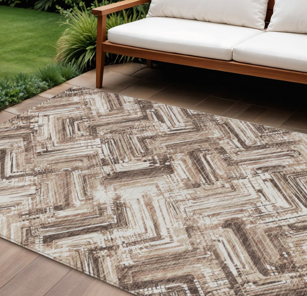 HomeRoots 9' Geometric Washable Area Rug in Brown, Taupe, and Tan – Durable for Indoor & Outdoor Spaces 9' X 12' 579274
