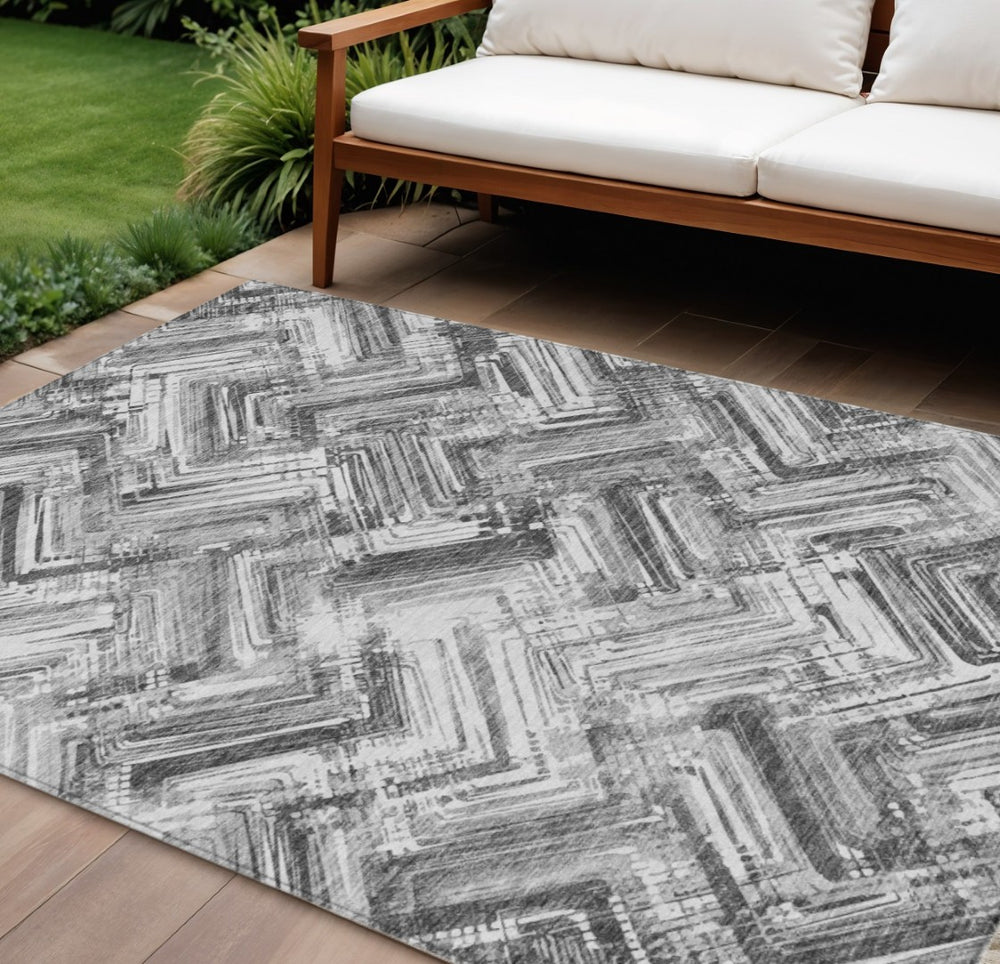 HomeRoots 9' Contemporary Gray Silver Ivory Geometric Washable Indoor Outdoor Area Rug for Versatile Spaces 9' X 12' 579280