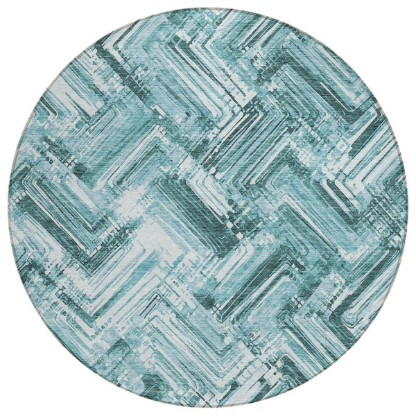 HomeRoots 5' Stylish Teal Blue Aqua Ivory Geometric Indoor Outdoor Area Rug - Durable, Washable, and Versatile 8' Round 579290