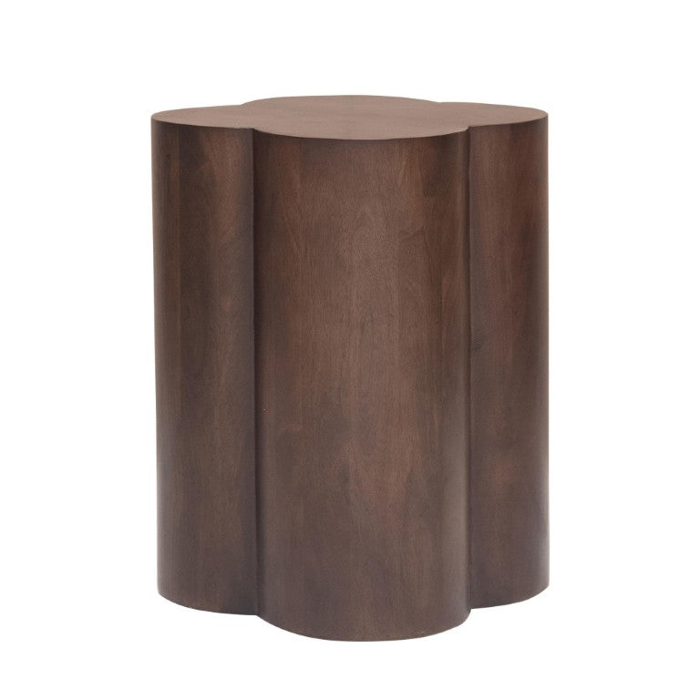 HomeRoots 21 Inch Solid Wood Drum Side Table with Quatrefoil Cutout for Bohemian Living Spaces 579295